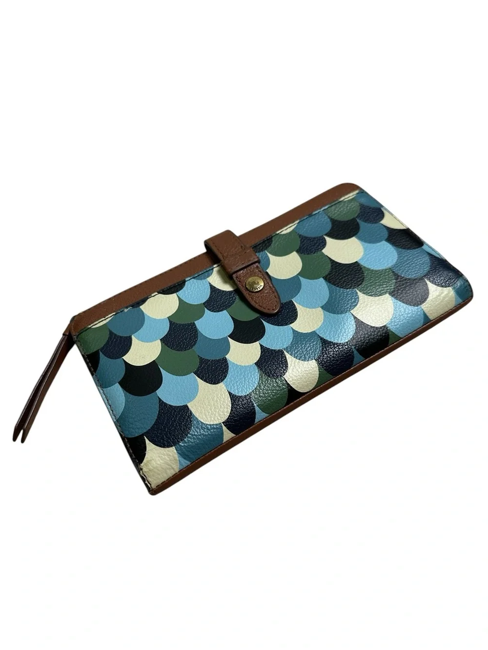 Fossil Blue & Green Scallop Fiona Clutch Multi-Function Zip Around Coin Wallet